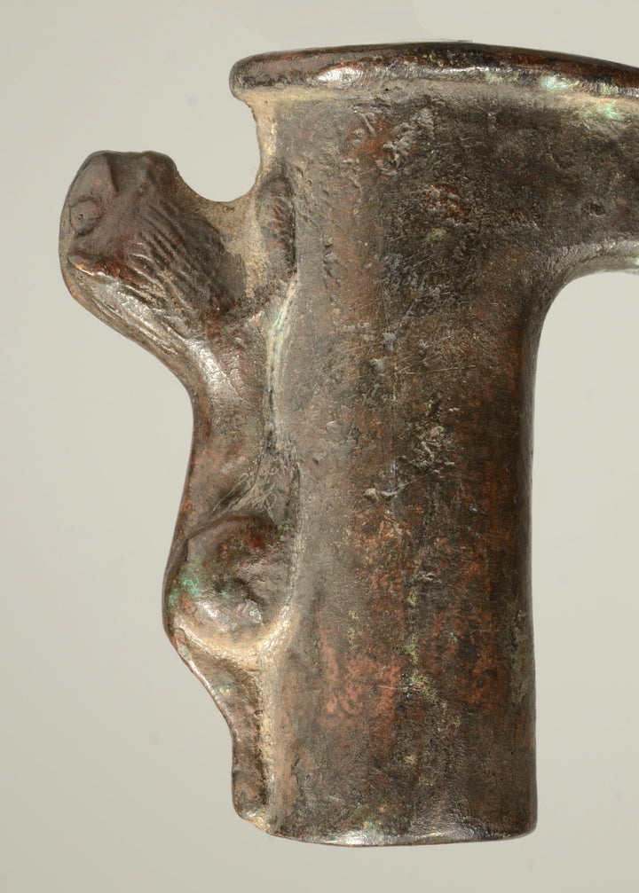 Ancient Luristan Bronze Axe Head With Lion Perched on Handle