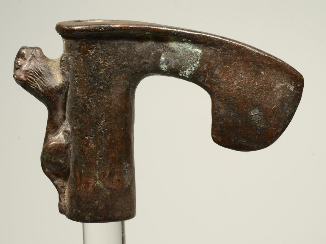 Ancient Luristan Bronze Axe Head With Lion Perched on Handle