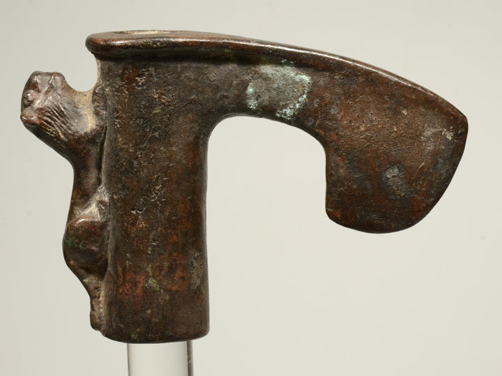 Ancient Luristan Bronze Axe Head With Lion Perched on Handle