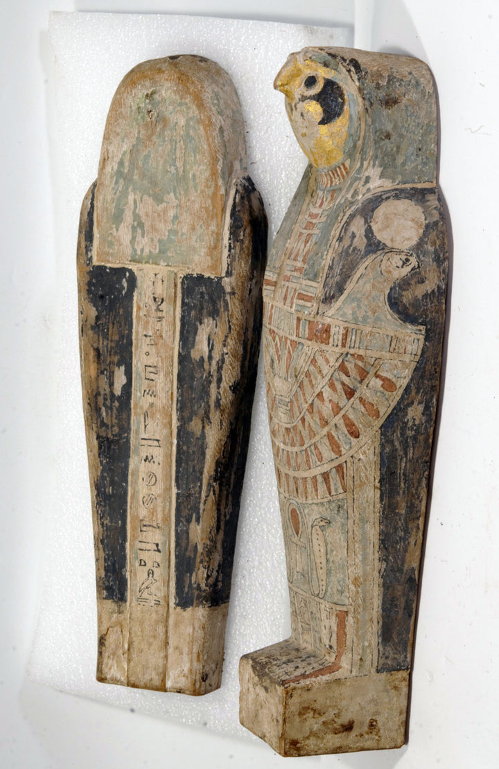 Egyptian Gilt Wood Polychrome Horus Falcon Grain Sarcophagus