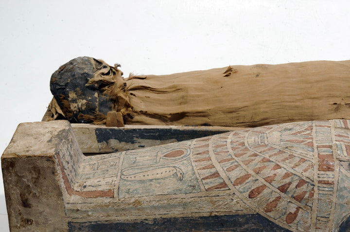 Egyptian Gilt Wood Polychrome Horus Falcon Grain Sarcophagus