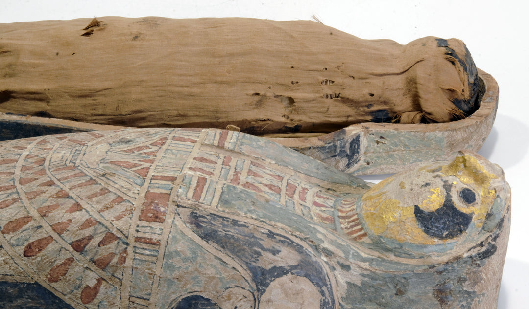 Egyptian Gilt Wood Polychrome Horus Falcon Grain Sarcophagus