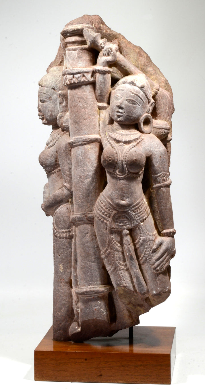 Indian Sandstone Architectural Element with Twin Yakshi