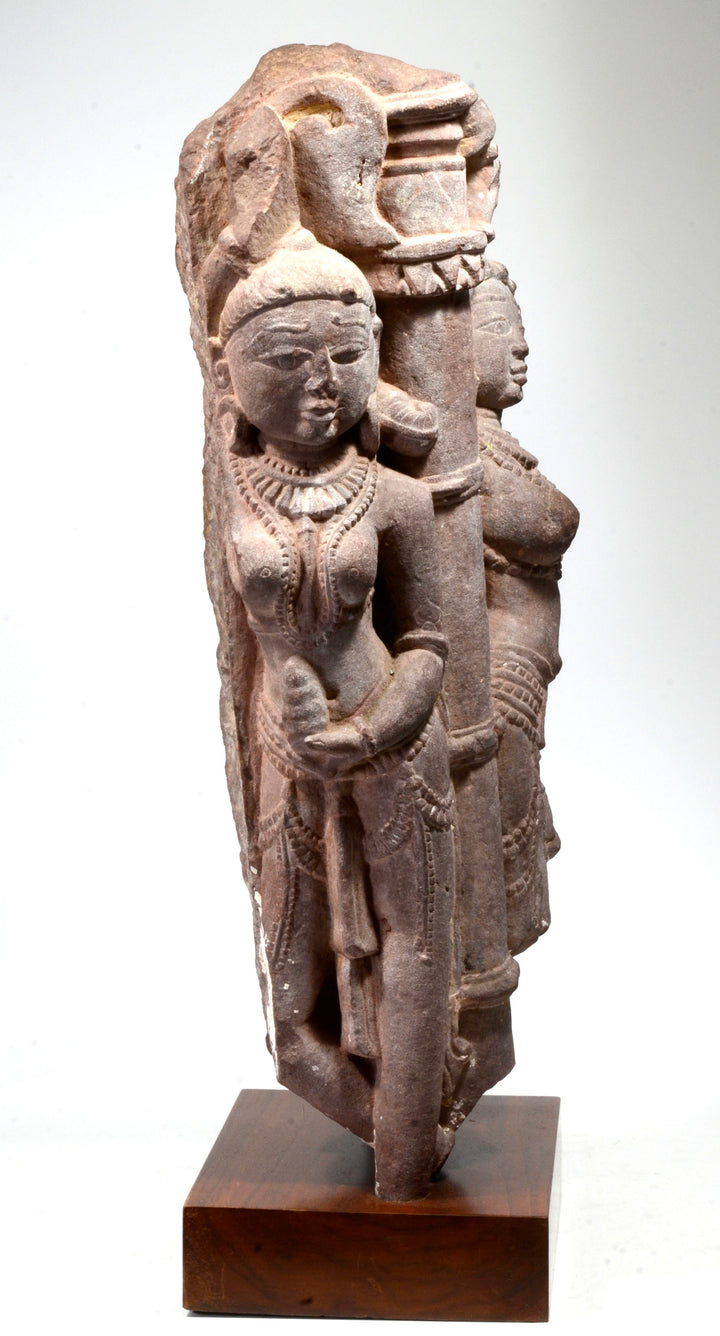 Indian Sandstone Architectural Element with Twin Yakshi