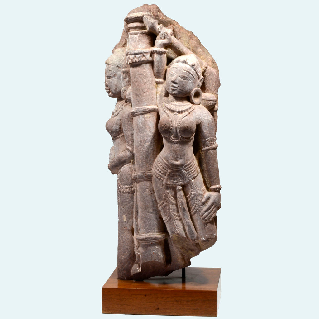 Indian Sandstone Architectural Element with Twin Yakshi