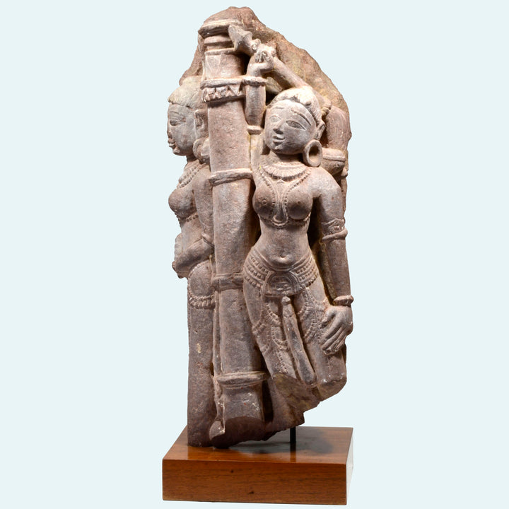 Indian Sandstone Architectural Element with Twin Yakshi