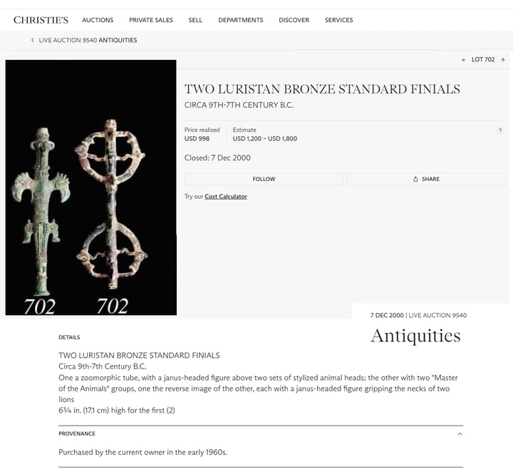 Ancient Luristan Bronze Heraldic "Master of the Animals" Finial