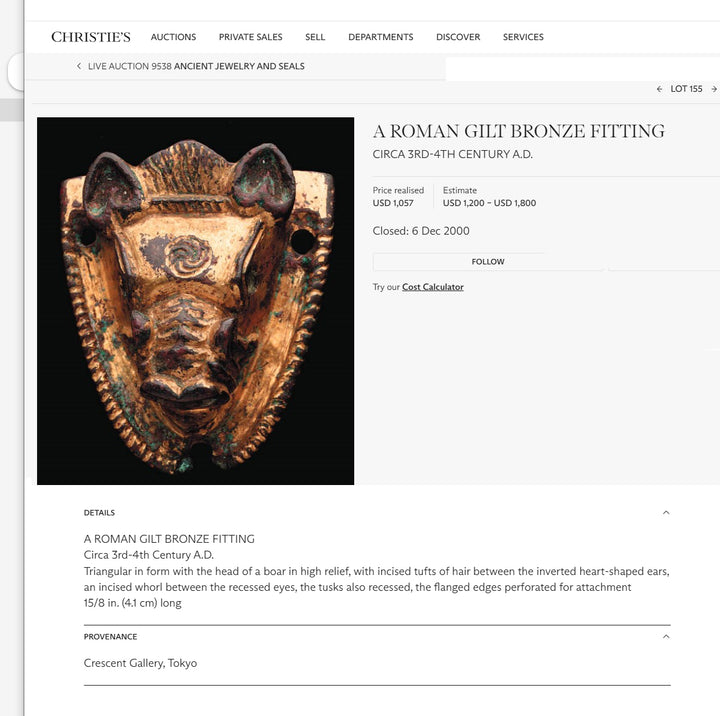 Ancient Roman Gilt Bronze Boar Head Attachment