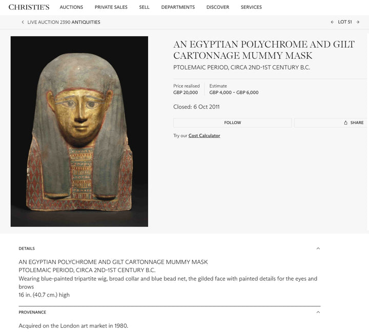 Egyptian Polychrome Gilt Cartonnage Mask