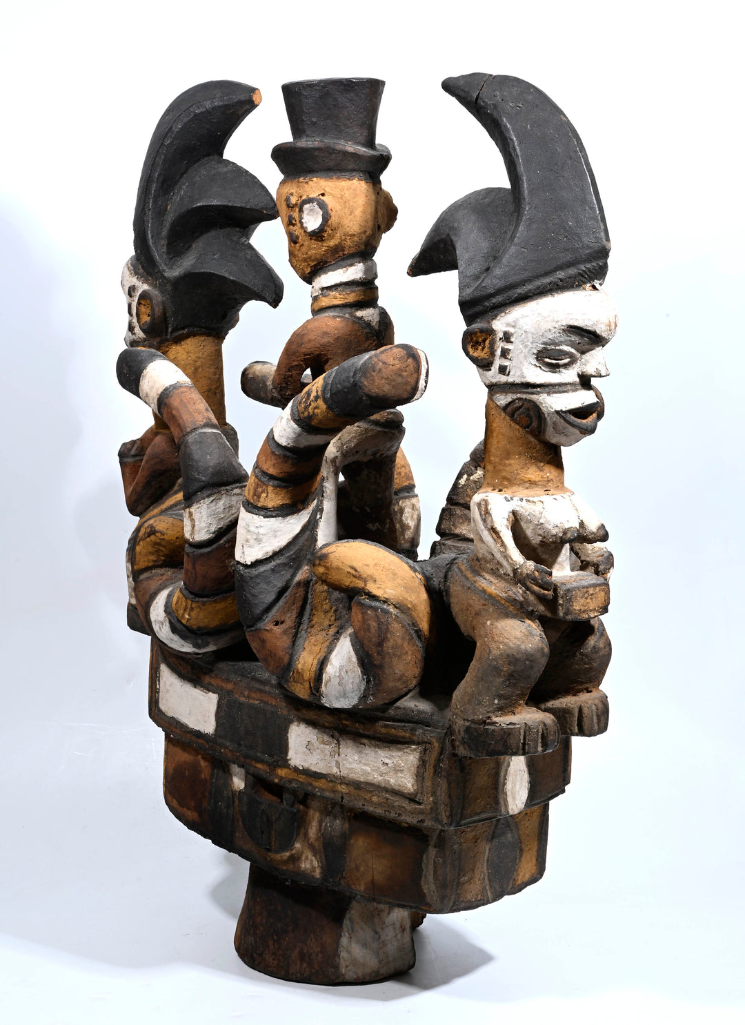 African Igbo / Cross River Large Polychrome Crest with Snakes and Colonial Figure