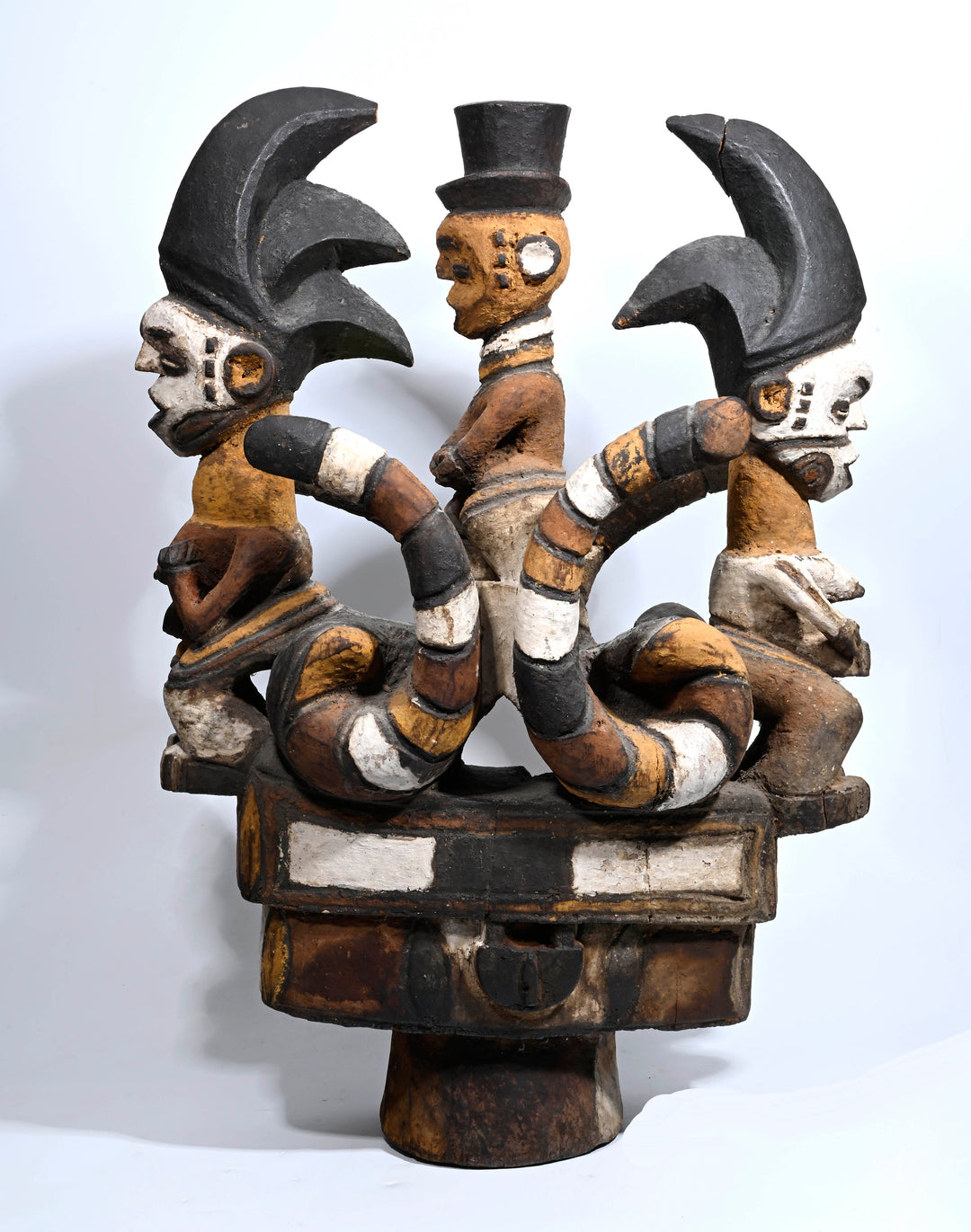 African Igbo / Cross River Large Polychrome Crest with Snakes and Colonial Figure
