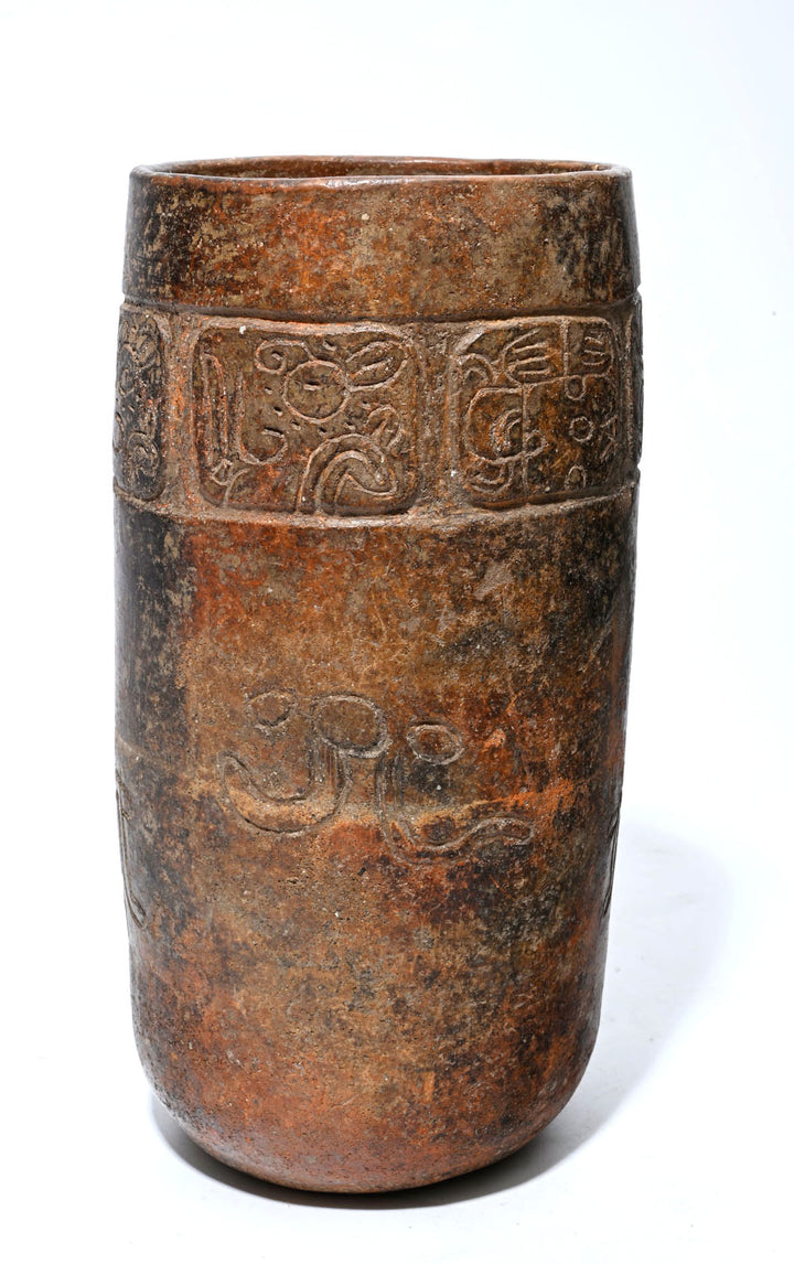 Maya Tall Brownware Incised Mythological Cylinder Vessel