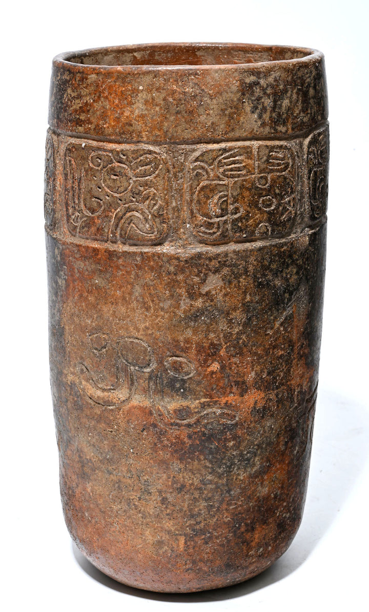 Maya Tall Brownware Incised Mythological Cylinder Vessel