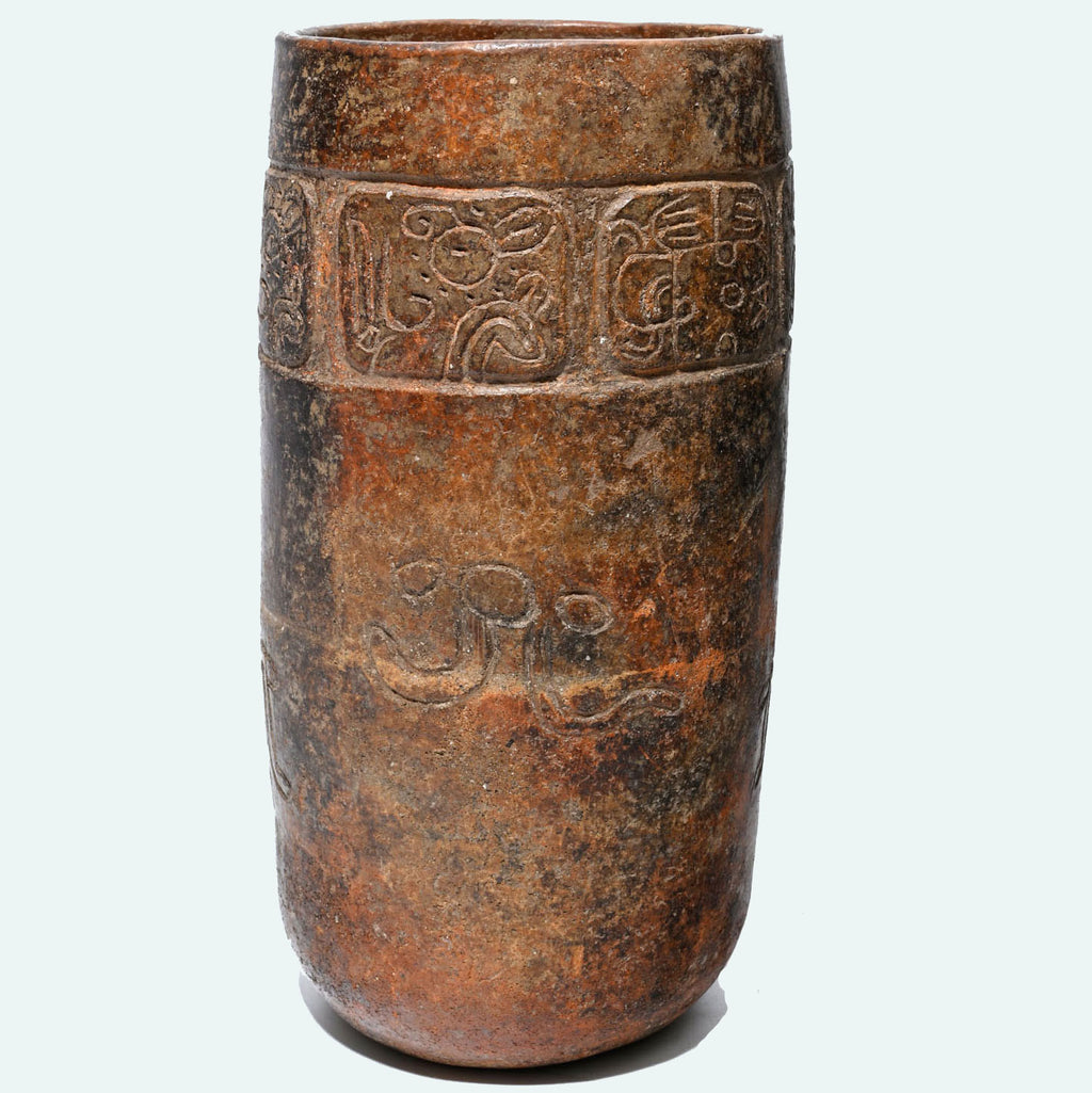 Maya Tall Brownware Incised Mythological Cylinder Vessel