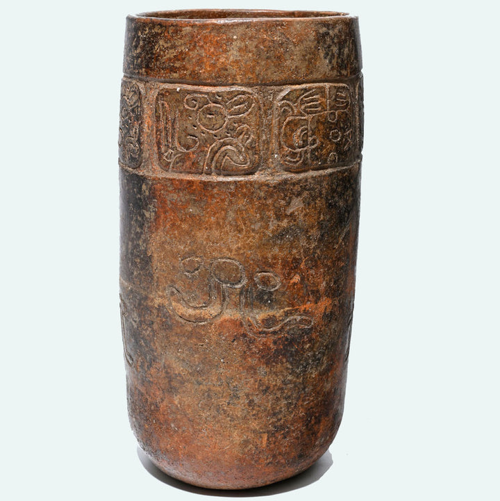 Maya Tall Brownware Incised Mythological Cylinder Vessel