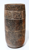 Maya Tall Brownware Incised Mythological Cylinder Vessel