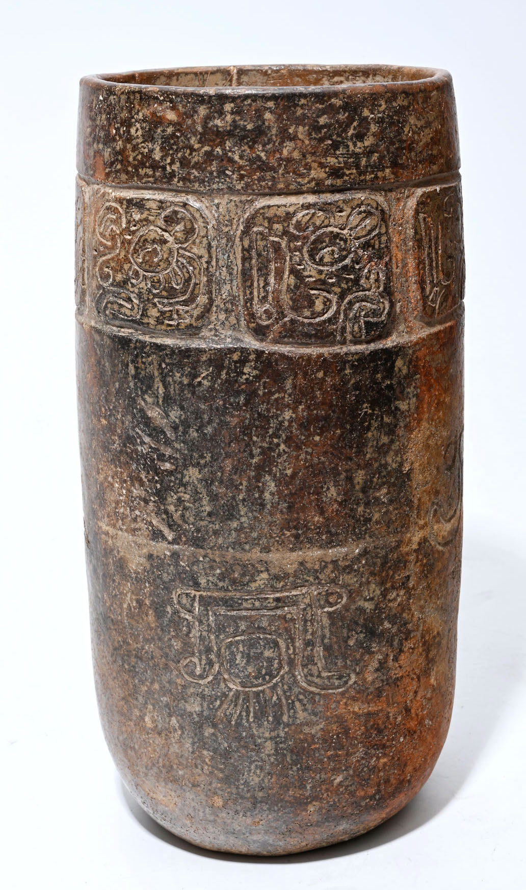 Maya Tall Brownware Incised Mythological Cylinder Vessel