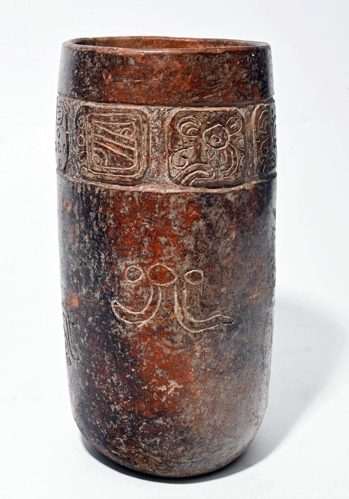 Maya Tall Brownware Incised Mythological Cylinder Vessel