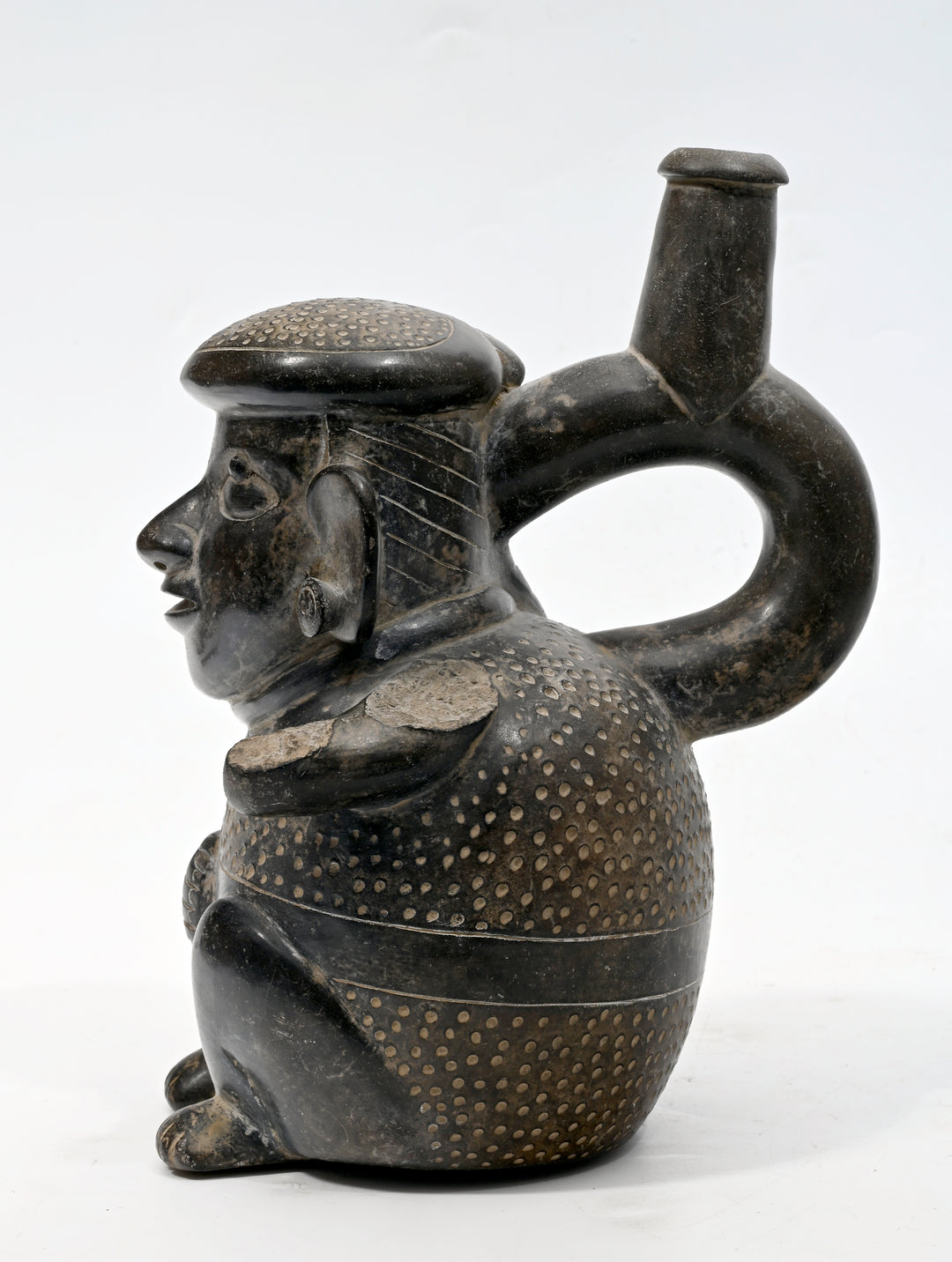 Moche Blackware FIgural Stirrup Vessel