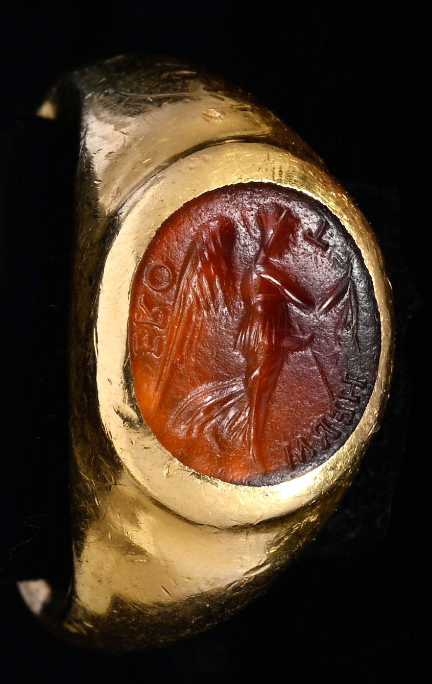 Ancient Carnelian Intaglio of Winged Victory (Victoria/Nike) Set in a 22K Gold Ring
