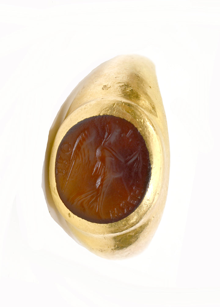 Ancient Carnelian Intaglio of Winged Victory (Victoria/Nike) Set in a 22K Gold Ring