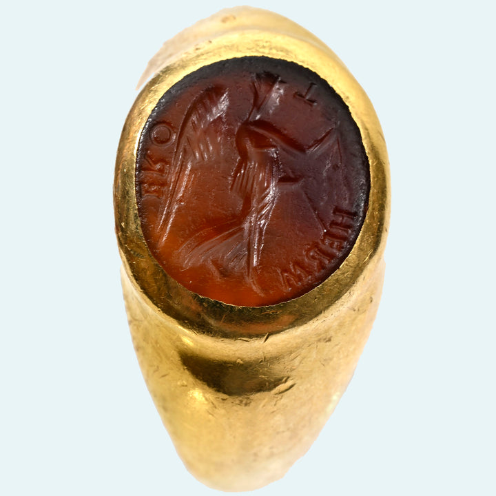 Ancient Carnelian Intaglio of Winged Victory (Victoria/Nike) Set in a 22K Gold Ring