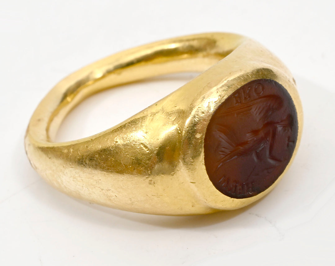 Ancient Carnelian Intaglio of Winged Victory (Victoria/Nike) Set in a 22K Gold Ring