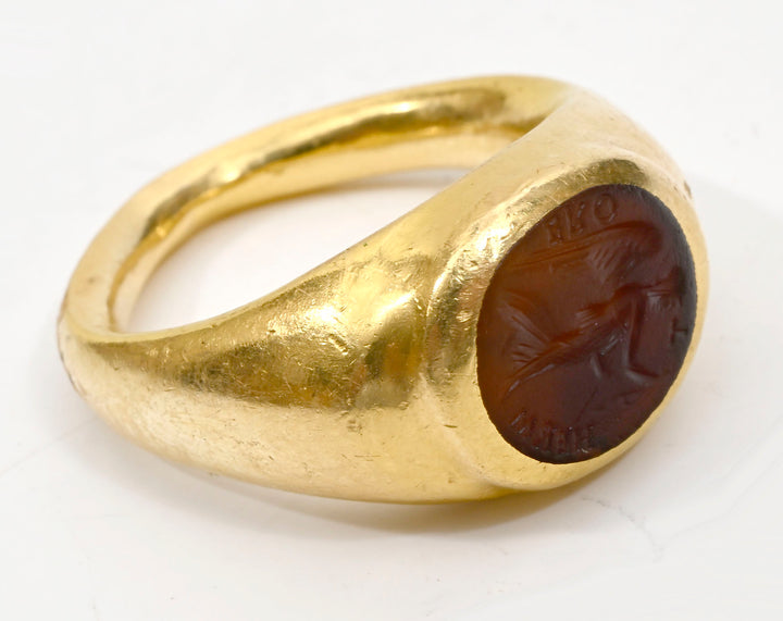 Ancient Carnelian Intaglio of Winged Victory (Victoria/Nike) Set in a 22K Gold Ring