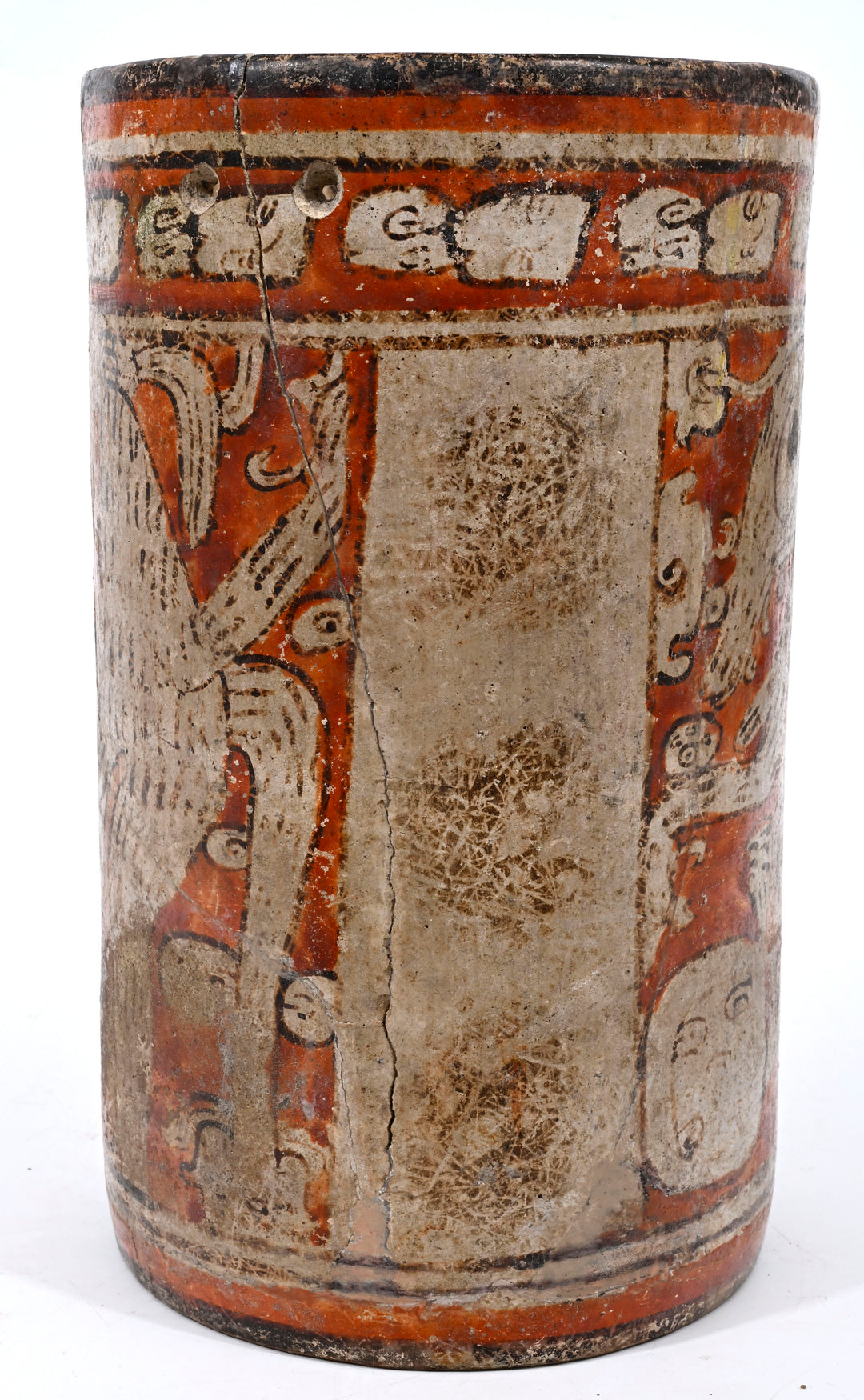 Mayan Polychrome Pottery Cylinder Vessel with Supernatural Dog