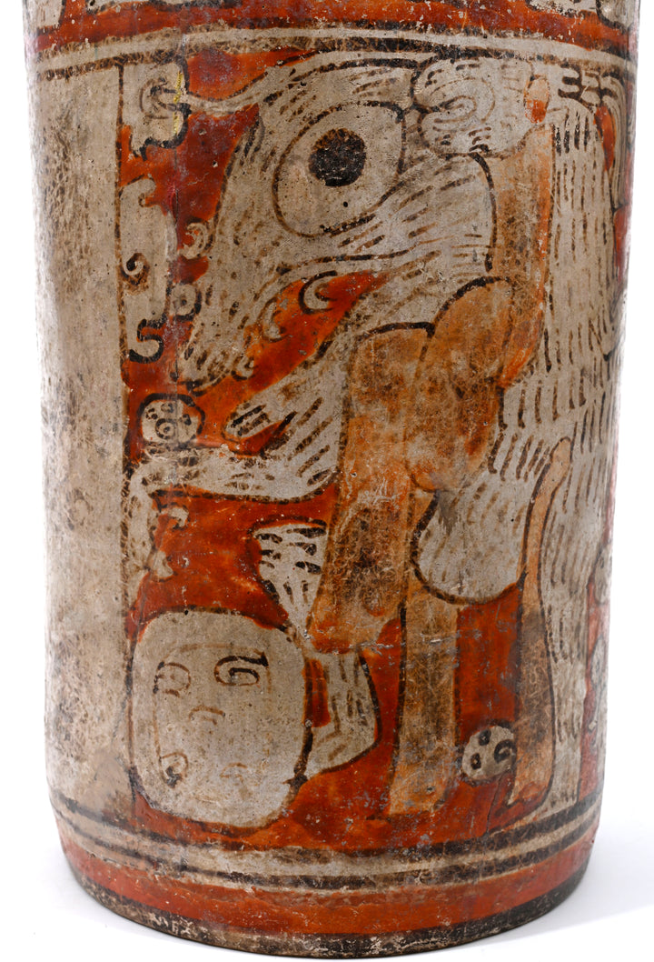 Mayan Polychrome Pottery Cylinder Vessel with Supernatural Dog