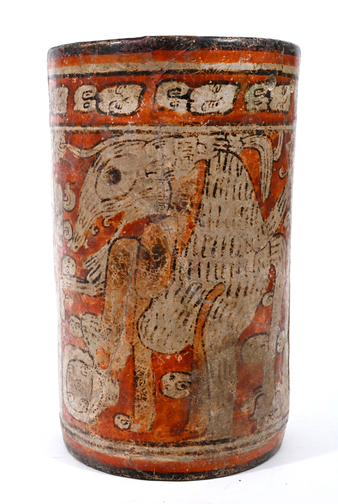 Mayan Polychrome Pottery Cylinder Vessel with Supernatural Dog
