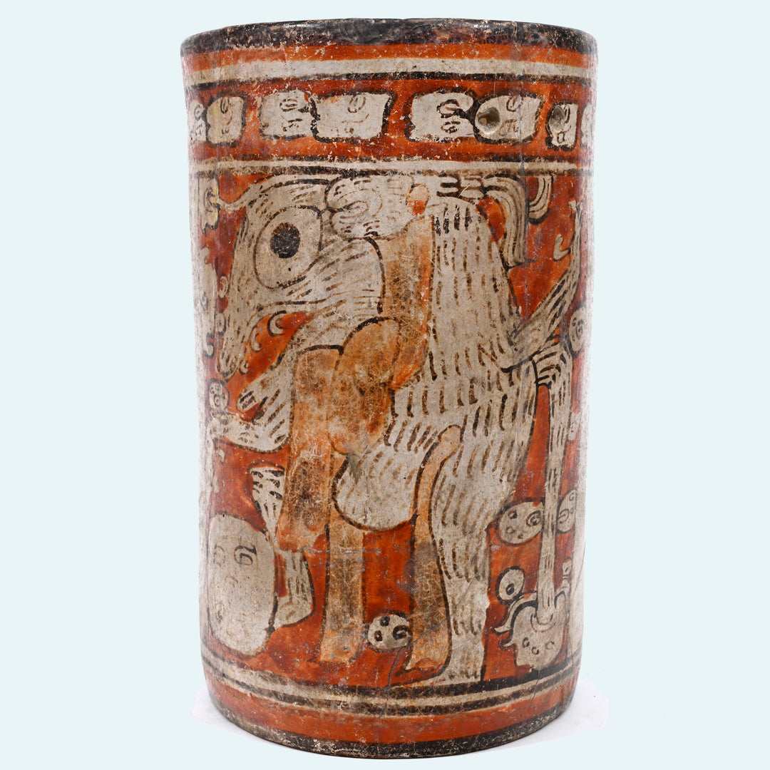 Mayan Polychrome Pottery Cylinder Vessel with Supernatural Dog