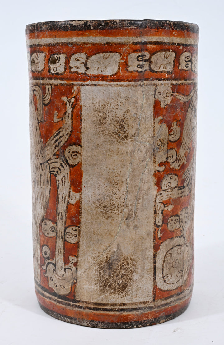Mayan Polychrome Pottery Cylinder Vessel with Supernatural Dog