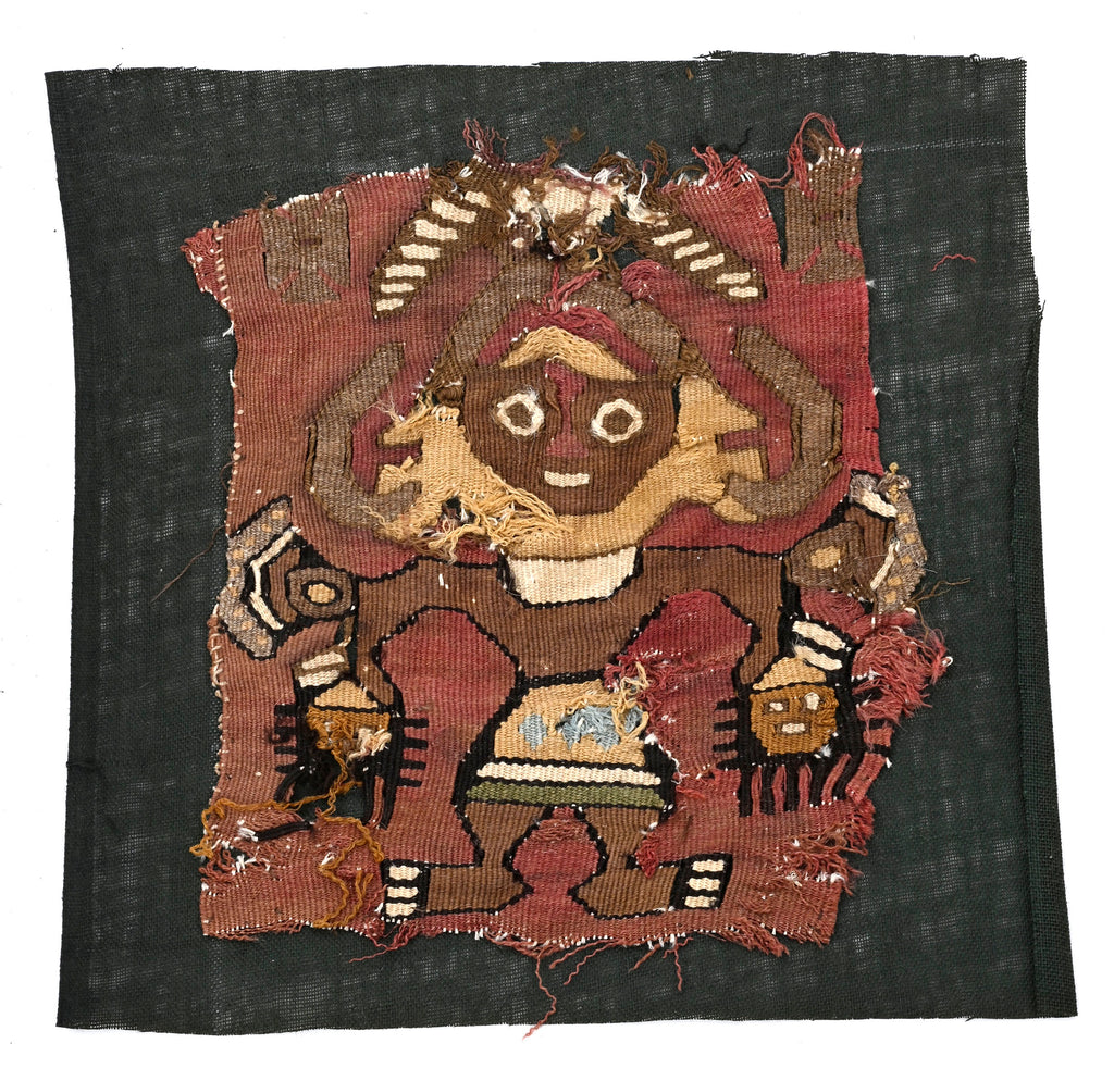 Pre-Columbian Chancay Textile Panel with Warrior-Deity Holding Trophy Heads
