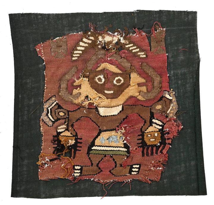 Pre-Columbian Chancay Textile Panel with Warrior-Deity Holding Trophy Heads