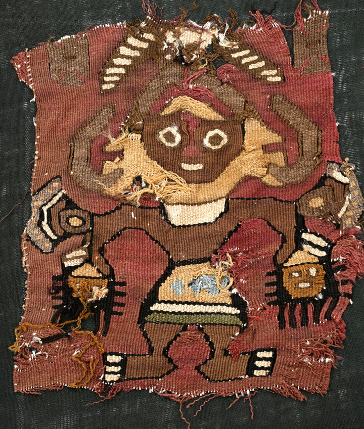 Pre-Columbian Chancay Textile Panel with Warrior-Deity Holding Trophy Heads