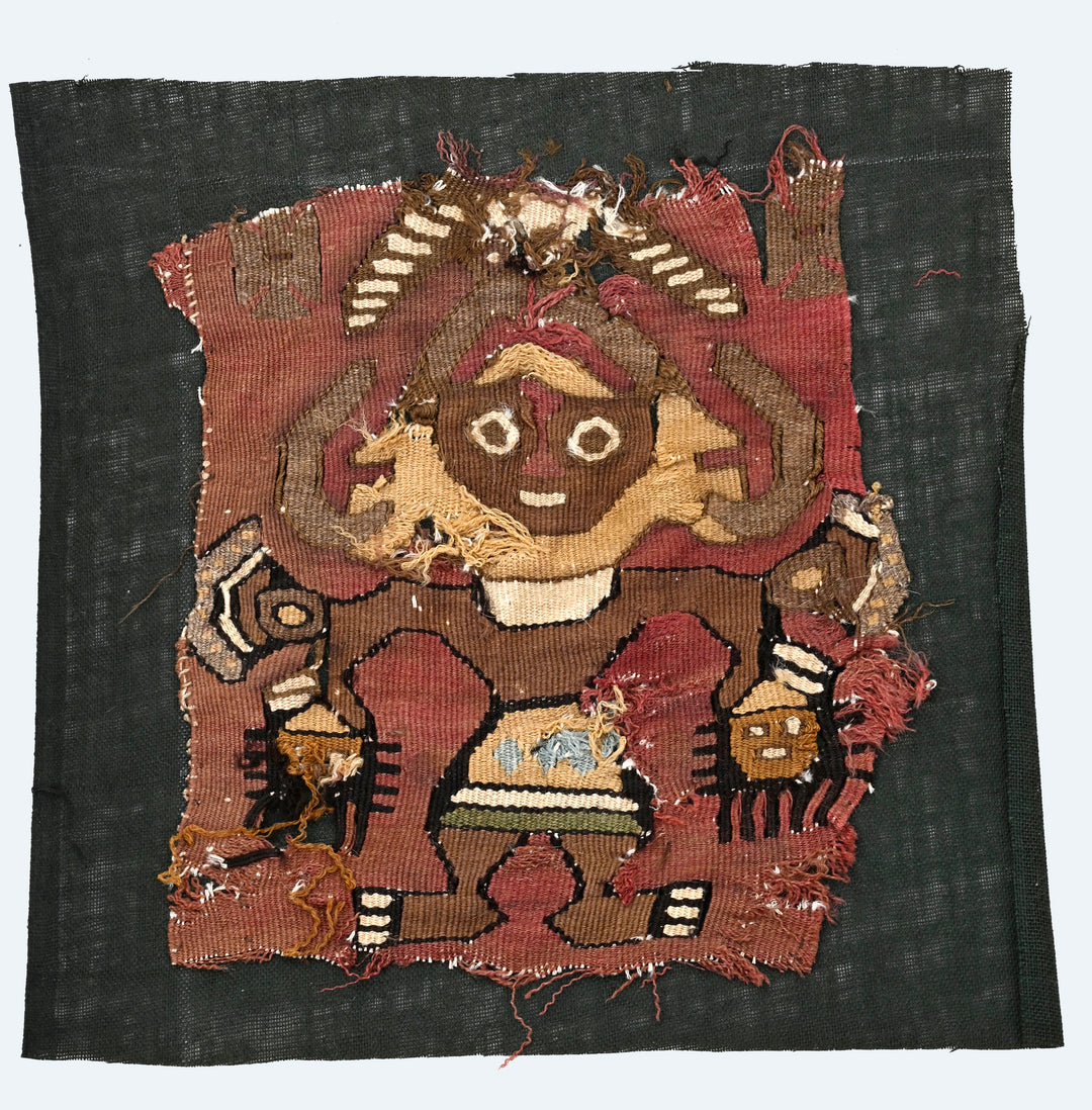 Pre-Columbian Chancay Textile Panel with Warrior-Deity Holding Trophy Heads