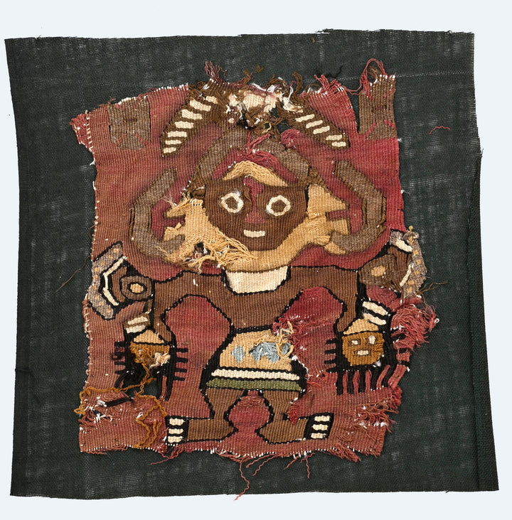 Pre-Columbian Chancay Textile Panel with Warrior-Deity Holding Trophy Heads