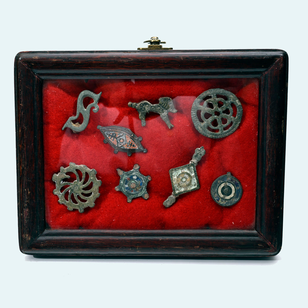 Eight Ancient Romano-British  Bronze Brooches/ Fibula in Case