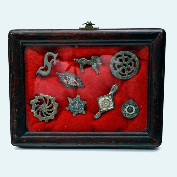 Eight Ancient Romano-British  Bronze Brooches/ Fibula in Case