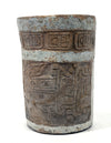 Maya Ceramic Cylinder Vessel with Stucco Decoration and Incised Glyphs