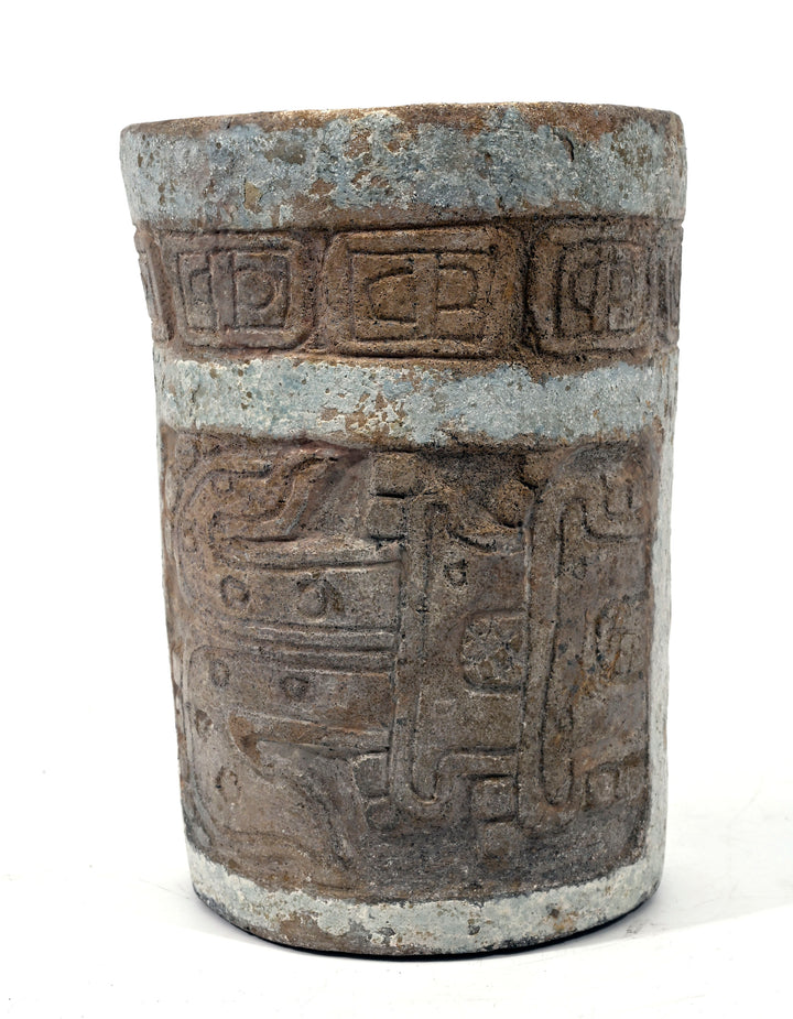 Maya Ceramic Cylinder Vessel with Stucco Decoration and Incised Glyphs