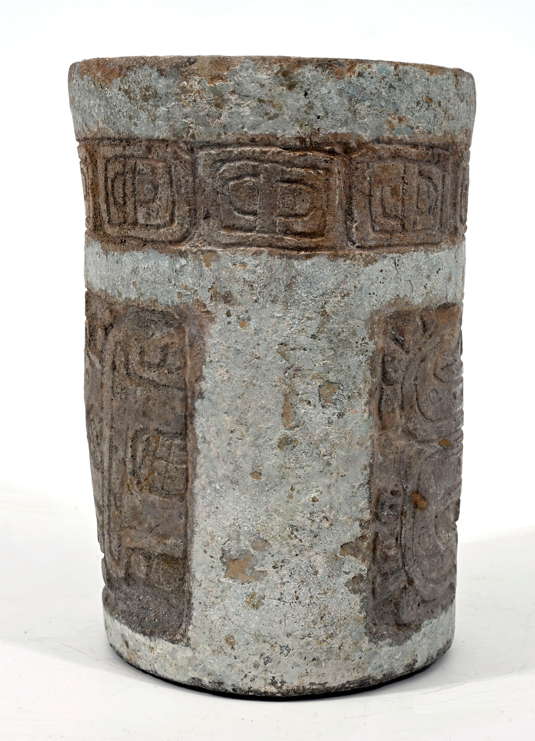 Maya Ceramic Cylinder Vessel with Stucco Decoration and Incised Glyphs