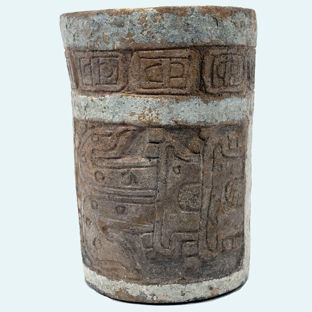Maya Ceramic Cylinder Vessel with Stucco Decoration and Incised Glyphs