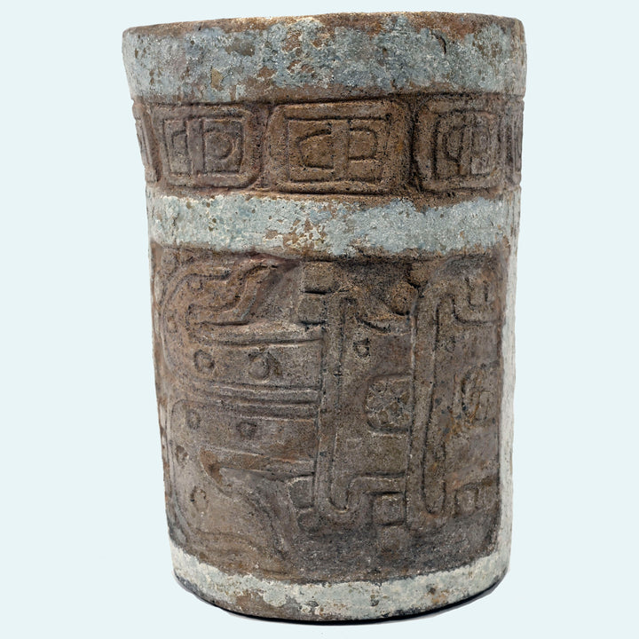 Maya Ceramic Cylinder Vessel with Stucco Decoration and Incised Glyphs