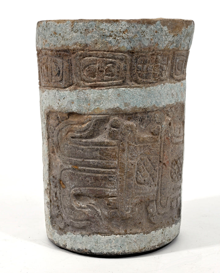 Maya Ceramic Cylinder Vessel with Stucco Decoration and Incised Glyphs