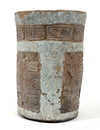 Maya Ceramic Cylinder Vessel with Stucco Decoration and Incised Glyphs