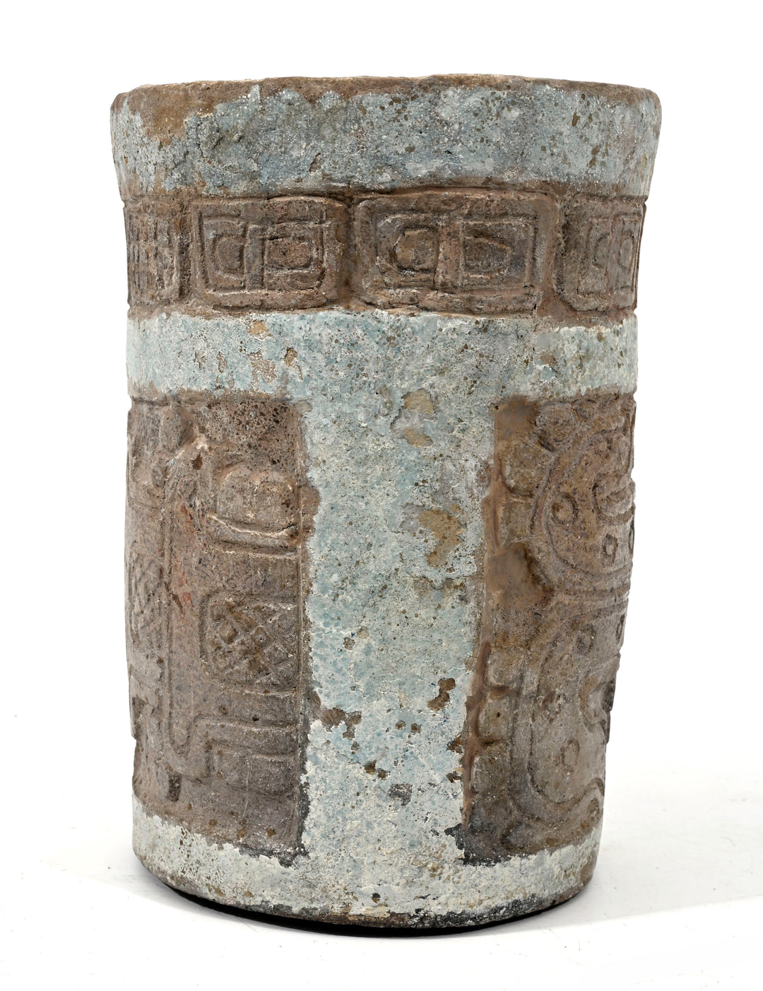 Maya Ceramic Cylinder Vessel with Stucco Decoration and Incised Glyphs