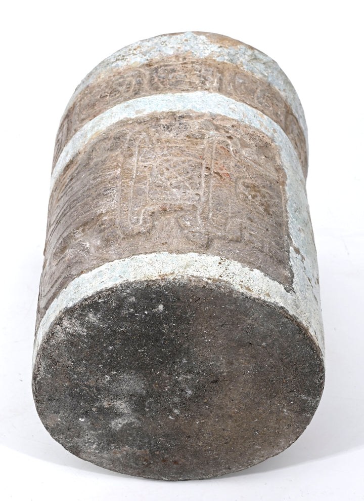 Maya Ceramic Cylinder Vessel with Stucco Decoration and Incised Glyphs