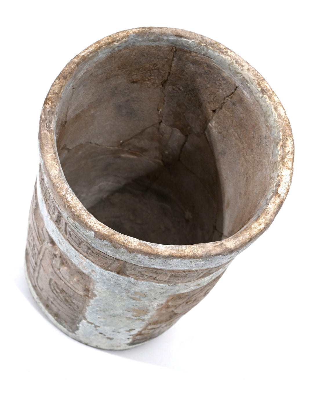 Maya Ceramic Cylinder Vessel with Stucco Decoration and Incised Glyphs
